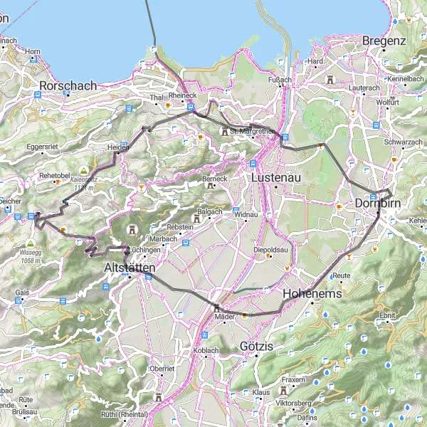 Map miniature of "Scenic Loop along the Eastern Ridges" cycling inspiration in Ostschweiz, Switzerland. Generated by Tarmacs.app cycling route planner