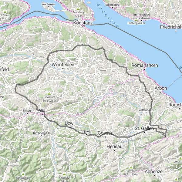 Miniaturní mapa "Cyklotrasa Lake Constance Viewpoint - Speicher" inspirace pro cyklisty v oblasti Ostschweiz, Switzerland. Vytvořeno pomocí plánovače tras Tarmacs.app