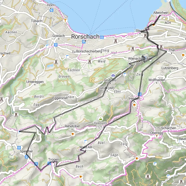 Miniatura della mappa di ispirazione al ciclismo "Giro in bici da Speicher a Rappenstein" nella regione di Ostschweiz, Switzerland. Generata da Tarmacs.app, pianificatore di rotte ciclistiche