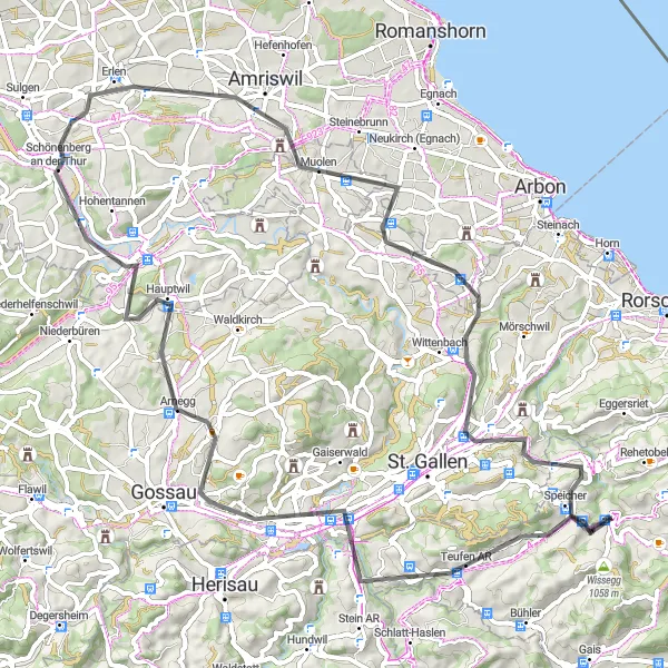 Miniatura della mappa di ispirazione al ciclismo "Itinerario tra Montagne e Lago" nella regione di Ostschweiz, Switzerland. Generata da Tarmacs.app, pianificatore di rotte ciclistiche