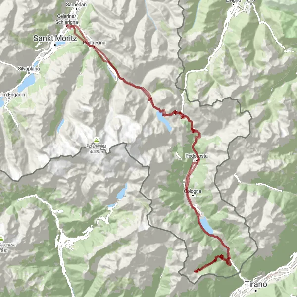 Mapa miniatúra "Gravel Bike Tour over Bernina Pass" cyklistická inšpirácia v Ostschweiz, Switzerland. Vygenerované cyklistickým plánovačom trás Tarmacs.app