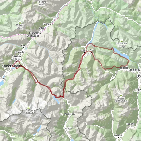 Mapa miniatúra "Gravel Route Via Berninapass to Livigno and Foscagno Pass" cyklistická inšpirácia v Ostschweiz, Switzerland. Vygenerované cyklistickým plánovačom trás Tarmacs.app