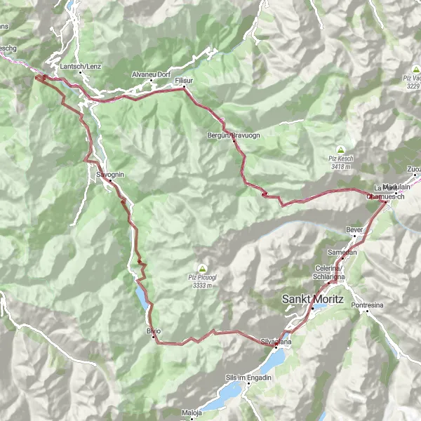 Miniature de la carte de l'inspiration cycliste "Tour des cols de montagne autour de St. Moritz" dans la Ostschweiz, Switzerland. Générée par le planificateur d'itinéraire cycliste Tarmacs.app