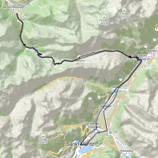 Kartminiatyr av "Klassisk landeveistur gjennom St. Moritz-regionen" sykkelinspirasjon i Ostschweiz, Switzerland. Generert av Tarmacs.app sykkelrutoplanlegger