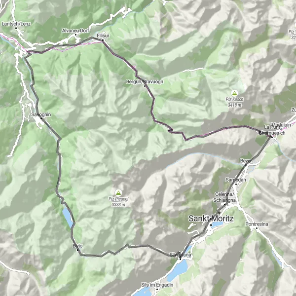 Karten-Miniaturansicht der Radinspiration "Tour über den Julierpass und Albulapass" in Ostschweiz, Switzerland. Erstellt vom Tarmacs.app-Routenplaner für Radtouren