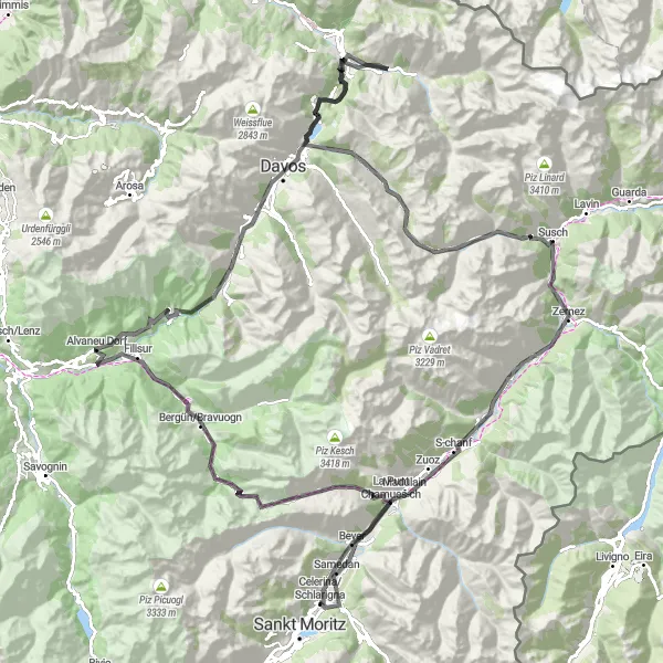 Zemljevid v pomanjšavi "Epska kolesarska avantura do Flüelapassa" kolesarske inspiracije v Ostschweiz, Switzerland. Generirano z načrtovalcem kolesarskih poti Tarmacs.app