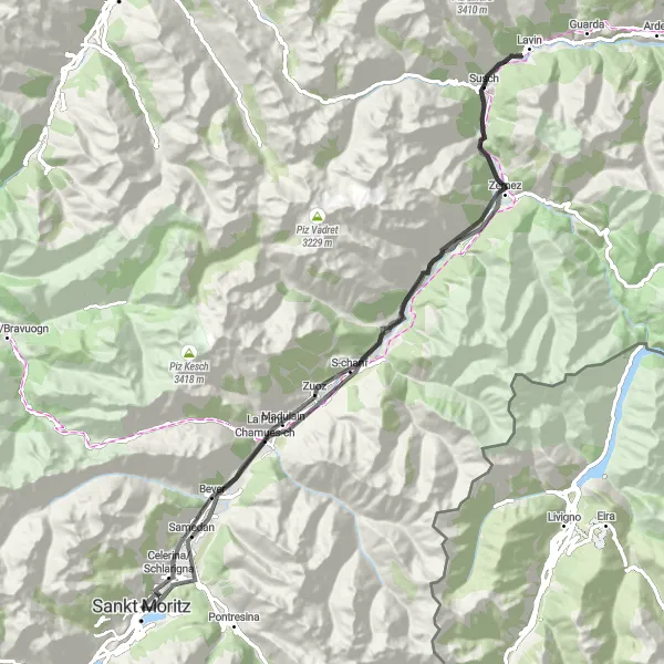 Kartminiatyr av "St. Moritz - Zernez - Samedan Route" sykkelinspirasjon i Ostschweiz, Switzerland. Generert av Tarmacs.app sykkelrutoplanlegger