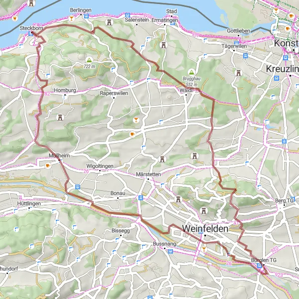 Zemljevid v pomanjšavi "Gravel avantura okoli Steckborna" kolesarske inspiracije v Ostschweiz, Switzerland. Generirano z načrtovalcem kolesarskih poti Tarmacs.app