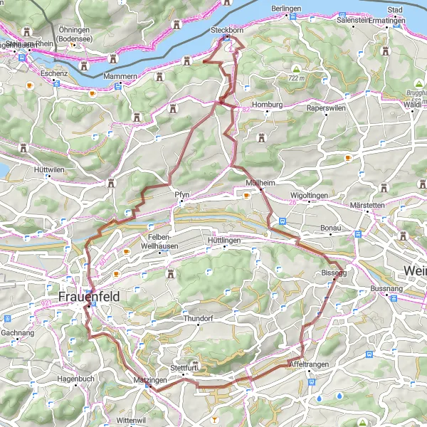 Miniaturekort af cykelinspirationen "Grusvejscykelrute til Frauenfeld" i Ostschweiz, Switzerland. Genereret af Tarmacs.app cykelruteplanlægger