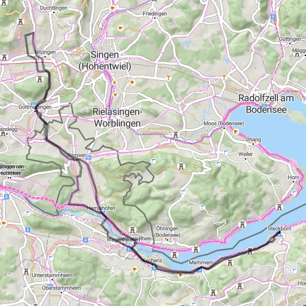 Miniatua del mapa de inspiración ciclista "Circuito por carretera Hemishofen-Wulchestei-Gottmadingen-Heilsberg-Ramsenerblick-Bibermühle-Hochwacht (592)-Steckborn" en Ostschweiz, Switzerland. Generado por Tarmacs.app planificador de rutas ciclistas