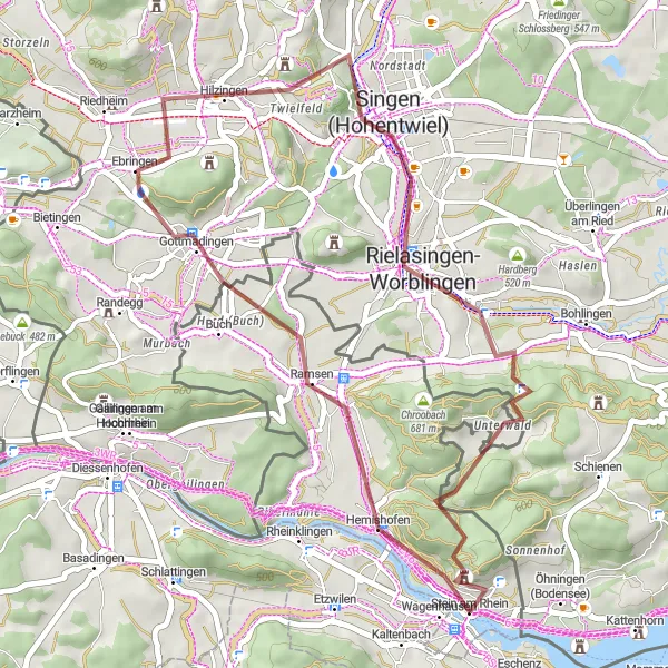 Zemljevid v pomanjšavi "Gravel cycling route to Singen (Hohentwiel)" kolesarske inspiracije v Ostschweiz, Switzerland. Generirano z načrtovalcem kolesarskih poti Tarmacs.app