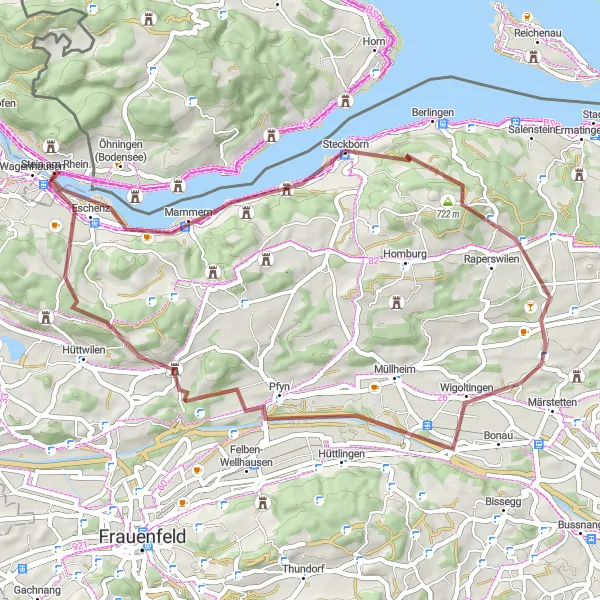 Miniatura della mappa di ispirazione al ciclismo "Avventura in Gravel da Stein am Rhein a Wagenhausen" nella regione di Ostschweiz, Switzerland. Generata da Tarmacs.app, pianificatore di rotte ciclistiche