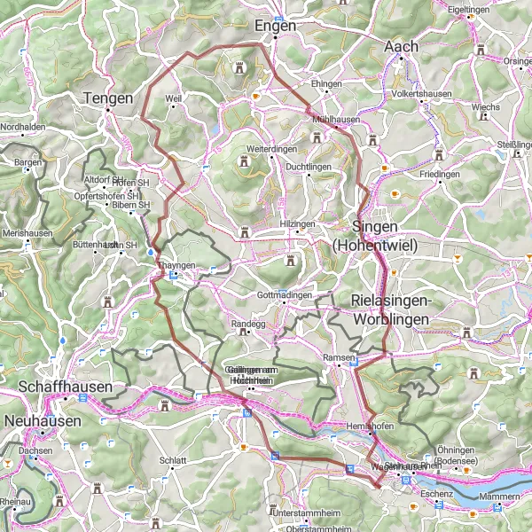 Miniatura della mappa di ispirazione al ciclismo "Tour dei laghi del fiume Reno" nella regione di Ostschweiz, Switzerland. Generata da Tarmacs.app, pianificatore di rotte ciclistiche