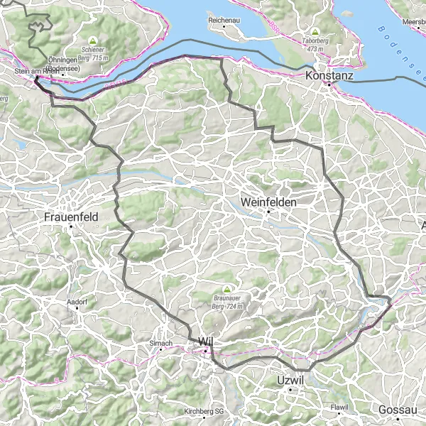 Miniaturekort af cykelinspirationen "Landskabsvejscykelrute til Stein am Rhein" i Ostschweiz, Switzerland. Genereret af Tarmacs.app cykelruteplanlægger