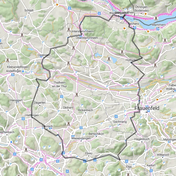 Kartminiatyr av "Historiska vyer och natursköna landskap" cykelinspiration i Ostschweiz, Switzerland. Genererad av Tarmacs.app cykelruttplanerare