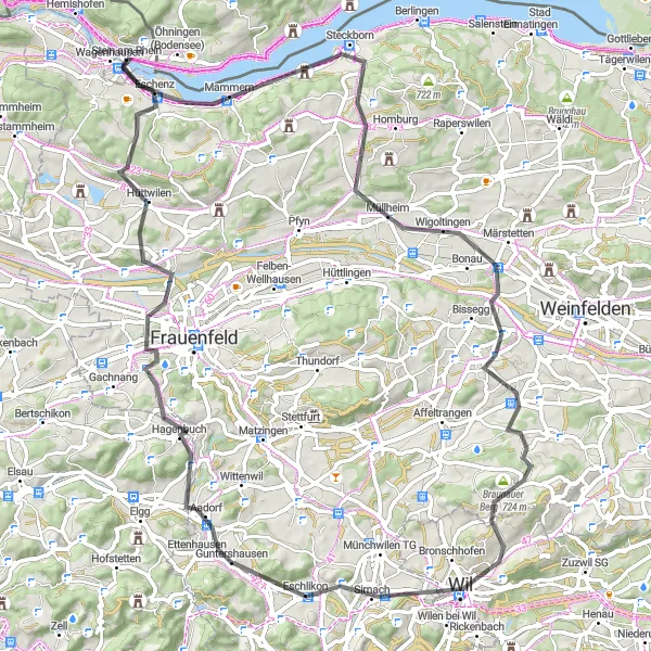 Mapa miniatúra "Road cycling adventure to Hüttwilen" cyklistická inšpirácia v Ostschweiz, Switzerland. Vygenerované cyklistickým plánovačom trás Tarmacs.app