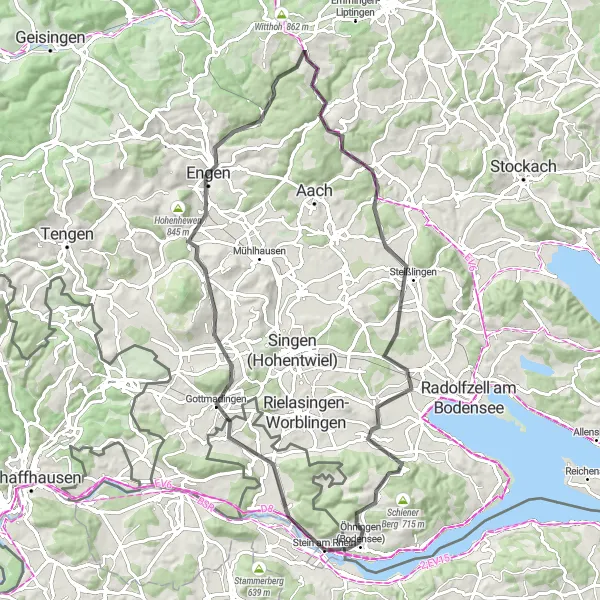 Miniatura della mappa di ispirazione al ciclismo "Itinerario tra le colline del Baden-Württemberg" nella regione di Ostschweiz, Switzerland. Generata da Tarmacs.app, pianificatore di rotte ciclistiche