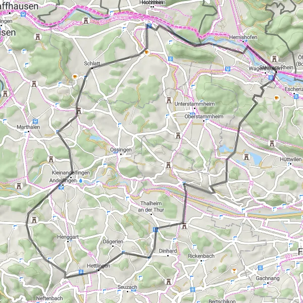 Miniatura della mappa di ispirazione al ciclismo "Giro cicloturistico tra Niederneunforn e Wagenhausen" nella regione di Ostschweiz, Switzerland. Generata da Tarmacs.app, pianificatore di rotte ciclistiche
