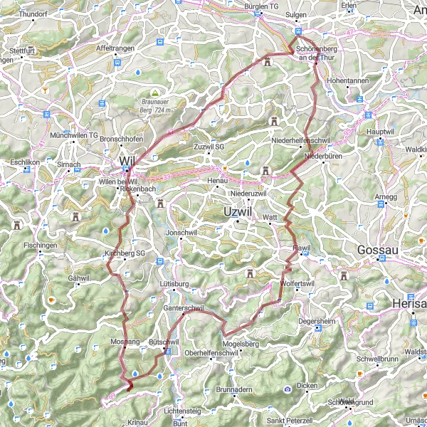 Mapa miniatúra "Gravelová cyklotúra blízko Sulgen" cyklistická inšpirácia v Ostschweiz, Switzerland. Vygenerované cyklistickým plánovačom trás Tarmacs.app