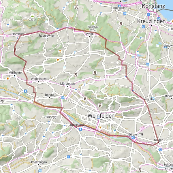Mapa miniatúra "Gravelová cyklotrasa Bussnang - Raperswilen" cyklistická inšpirácia v Ostschweiz, Switzerland. Vygenerované cyklistickým plánovačom trás Tarmacs.app