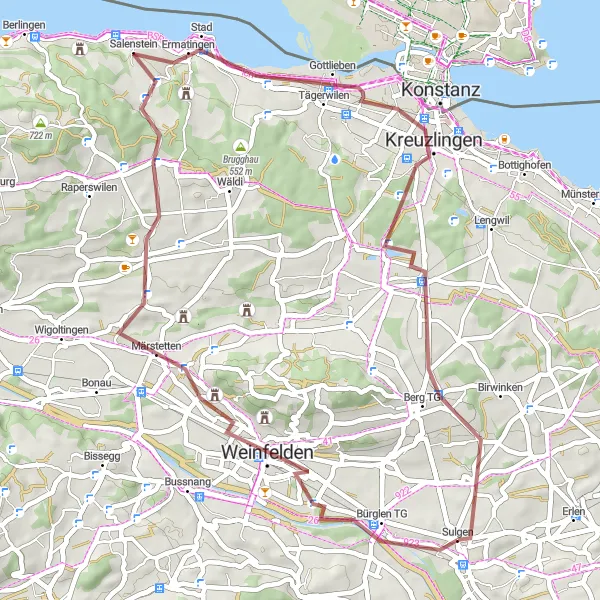 Kartminiatyr av "Eventyrlysten grusveitur til Salenstein og Berg TG" sykkelinspirasjon i Ostschweiz, Switzerland. Generert av Tarmacs.app sykkelrutoplanlegger