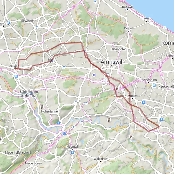 Mapa miniatúra "Gravel Road to Amriswil" cyklistická inšpirácia v Ostschweiz, Switzerland. Vygenerované cyklistickým plánovačom trás Tarmacs.app