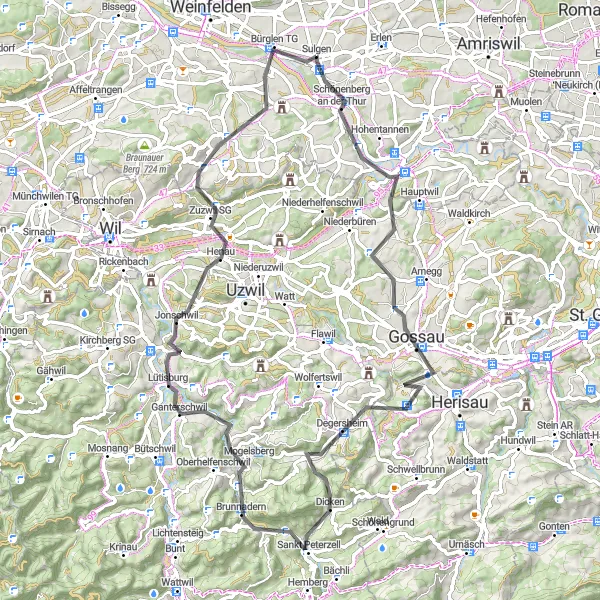 Zemljevid v pomanjšavi "Kolesarska pot Sitter-Thur" kolesarske inspiracije v Ostschweiz, Switzerland. Generirano z načrtovalcem kolesarskih poti Tarmacs.app