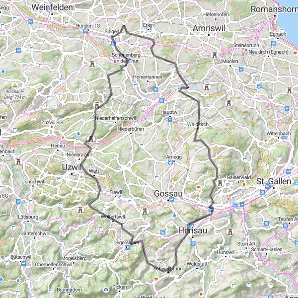 Kartminiatyr av "Landsbygdsidyll fra Erlen til Sulgen" sykkelinspirasjon i Ostschweiz, Switzerland. Generert av Tarmacs.app sykkelrutoplanlegger
