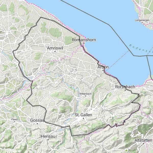 Miniature de la carte de l'inspiration cycliste "Aventures cyclistes entre Arenenberg et Schönenberg an der Thur" dans la Ostschweiz, Switzerland. Générée par le planificateur d'itinéraire cycliste Tarmacs.app