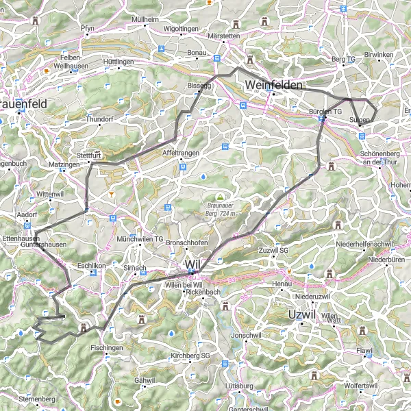 Miniature de la carte de l'inspiration cycliste "Les collines de Thurgovie" dans la Ostschweiz, Switzerland. Générée par le planificateur d'itinéraire cycliste Tarmacs.app