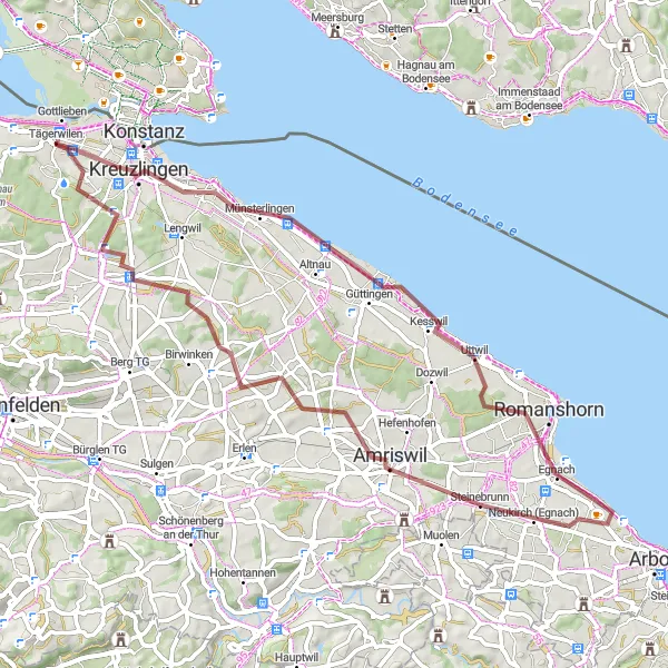 Map miniature of "Off-Road Exploration: Tägerwilen to Kreuzlingen" cycling inspiration in Ostschweiz, Switzerland. Generated by Tarmacs.app cycling route planner