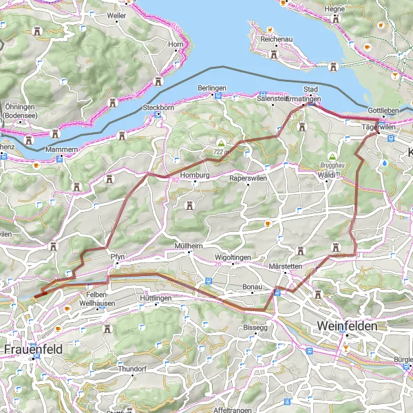 Mapa miniatúra "Gravelová cyklotrasa skrz krajinu Tägerwilen" cyklistická inšpirácia v Ostschweiz, Switzerland. Vygenerované cyklistickým plánovačom trás Tarmacs.app