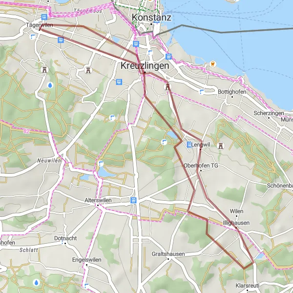 Mapa miniatúra "Gravel cyklistická trasa Gottlieben Loop" cyklistická inšpirácia v Ostschweiz, Switzerland. Vygenerované cyklistickým plánovačom trás Tarmacs.app