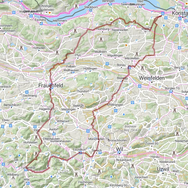 Mapa miniatúra "Gravelový výlet okolo Bodamského jezera" cyklistická inšpirácia v Ostschweiz, Switzerland. Vygenerované cyklistickým plánovačom trás Tarmacs.app