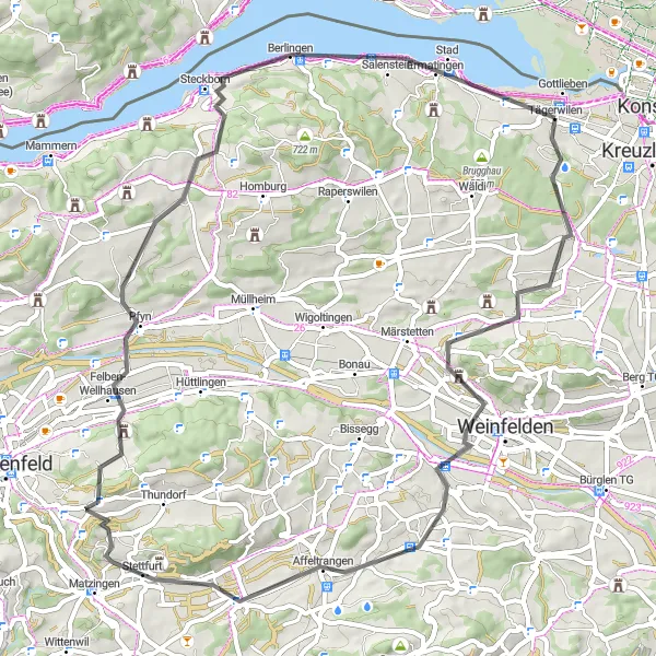 Kartminiatyr av "Kultur- og naturopplevelser i Affeltrangen" sykkelinspirasjon i Ostschweiz, Switzerland. Generert av Tarmacs.app sykkelrutoplanlegger