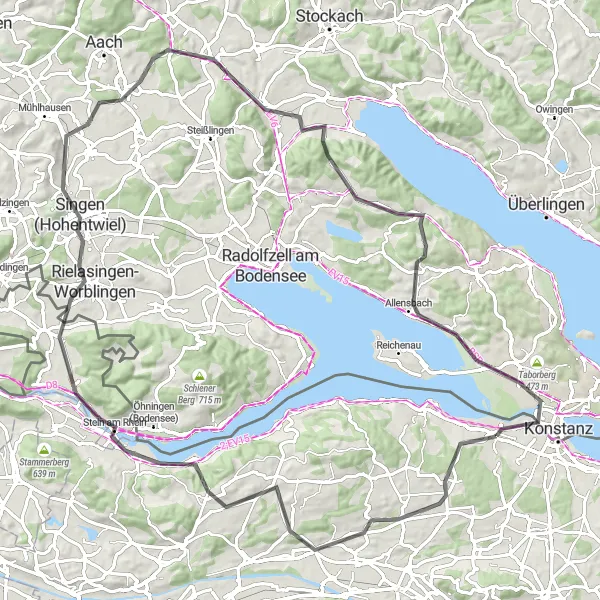 Karttaminiaatyyri "Tägerwilen - Müllheim - Panorama - Wolkensteinerberg - Rielasingen-Worblingen - Volkertshausen - Kirnberg - Allensbach - Fürstenberg - Gottlieben" pyöräilyinspiraatiosta alueella Ostschweiz, Switzerland. Luotu Tarmacs.app pyöräilyreittisuunnittelijalla