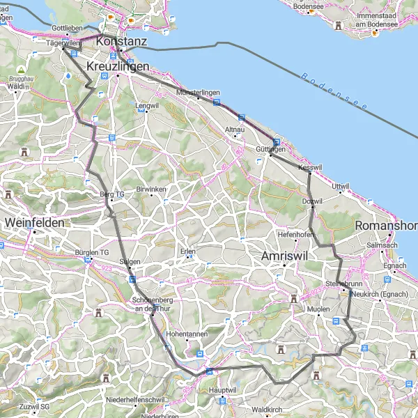 Miniature de la carte de l'inspiration cycliste "Les rives du lac de Constance" dans la Ostschweiz, Switzerland. Générée par le planificateur d'itinéraire cycliste Tarmacs.app