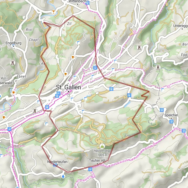 Zemljevid v pomanjšavi "Ravna makadamska kolesarska pot skozi Wittenbach in Waldegg" kolesarske inspiracije v Ostschweiz, Switzerland. Generirano z načrtovalcem kolesarskih poti Tarmacs.app