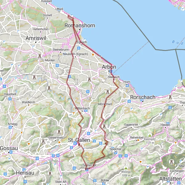 Kartminiatyr av "Teufen - Salmsach - Arbon - Waldegg Loop (Grusväg)" cykelinspiration i Ostschweiz, Switzerland. Genererad av Tarmacs.app cykelruttplanerare