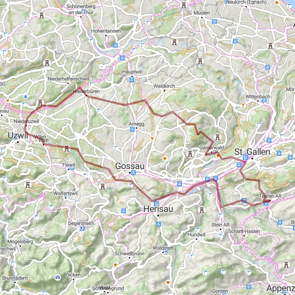 Mapa miniatúra "Gravelová cyklotrasa okolo Teufenu" cyklistická inšpirácia v Ostschweiz, Switzerland. Vygenerované cyklistickým plánovačom trás Tarmacs.app