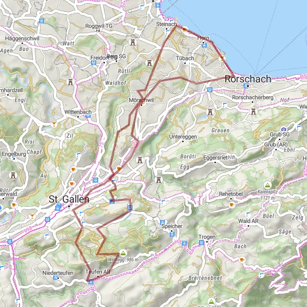 Kartminiatyr av "Teufen - Ruine Steinerburg - Notkersegg - Egg Loop (Grusväg)" cykelinspiration i Ostschweiz, Switzerland. Genererad av Tarmacs.app cykelruttplanerare