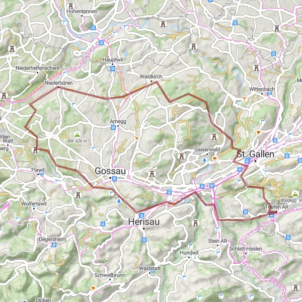 Karttaminiaatyyri "Gossau - Waldkirch - St. Gallen - Häuslersegg" pyöräilyinspiraatiosta alueella Ostschweiz, Switzerland. Luotu Tarmacs.app pyöräilyreittisuunnittelijalla