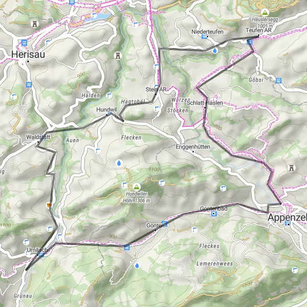 Zemljevid v pomanjšavi "Krožna kolesarska pot skozi Appenzell in Aussichtspunkt Reservoir" kolesarske inspiracije v Ostschweiz, Switzerland. Generirano z načrtovalcem kolesarskih poti Tarmacs.app