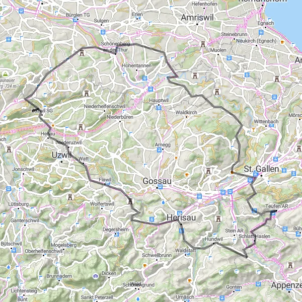 Zemljevid v pomanjšavi "Dolga cestna kolesarska pot skozi Uzwil in St. Gallen" kolesarske inspiracije v Ostschweiz, Switzerland. Generirano z načrtovalcem kolesarskih poti Tarmacs.app