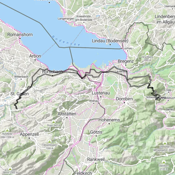 Zemljevid v pomanjšavi "Kolesarska pot z zahtevno vzponom" kolesarske inspiracije v Ostschweiz, Switzerland. Generirano z načrtovalcem kolesarskih poti Tarmacs.app