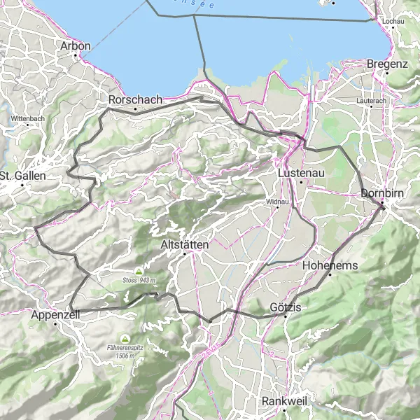 Map miniature of "Waldegg and Dornbirn Adventure" cycling inspiration in Ostschweiz, Switzerland. Generated by Tarmacs.app cycling route planner