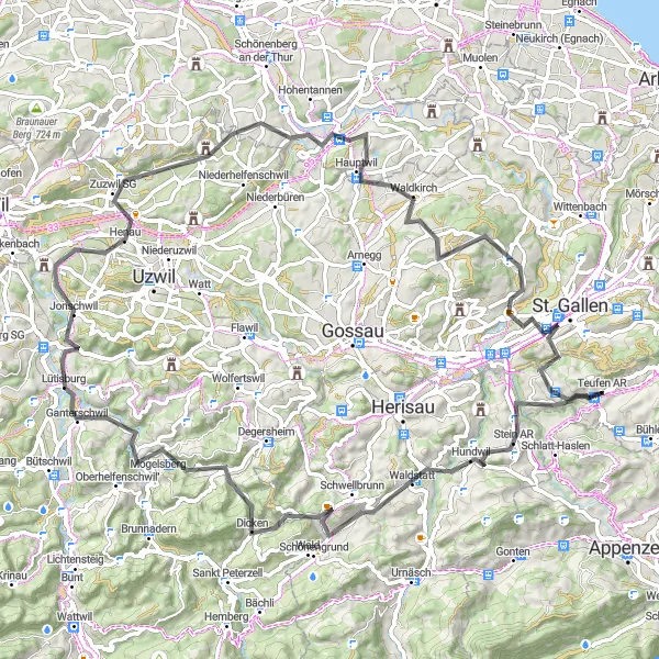 Zemljevid v pomanjšavi "Kolesarska pot s številnimi naravnimi lepotami" kolesarske inspiracije v Ostschweiz, Switzerland. Generirano z načrtovalcem kolesarskih poti Tarmacs.app