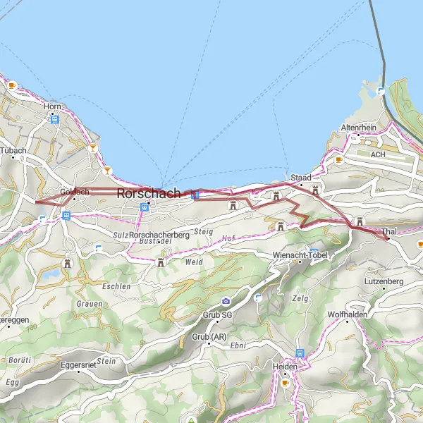 Miniatura della mappa di ispirazione al ciclismo "Itinerario panoramico da Thal" nella regione di Ostschweiz, Switzerland. Generata da Tarmacs.app, pianificatore di rotte ciclistiche