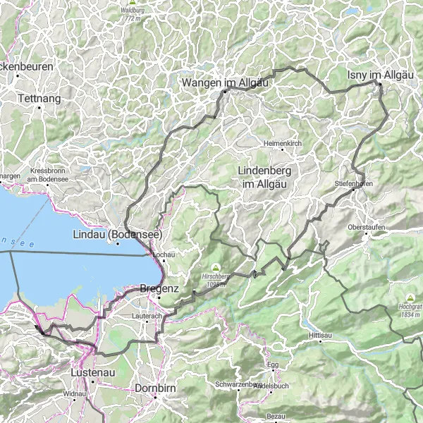 Miniature de la carte de l'inspiration cycliste "Les montagnes et vallées de l'Allgäu" dans la Ostschweiz, Switzerland. Générée par le planificateur d'itinéraire cycliste Tarmacs.app