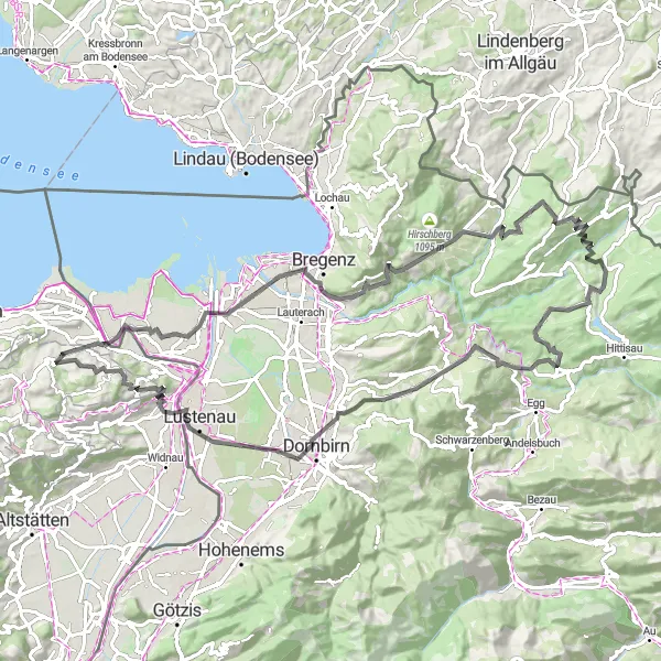 Miniaturní mapa "Cyklotrasa z Thalu přes Bregenz a Alberschwende" inspirace pro cyklisty v oblasti Ostschweiz, Switzerland. Vytvořeno pomocí plánovače tras Tarmacs.app